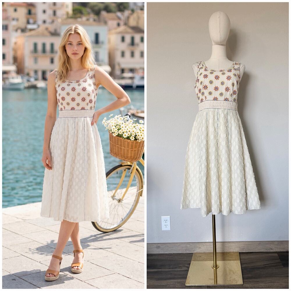Vintage PAYAL JAIN Anthropologie Sz M Embroidered Cream Floral Dress